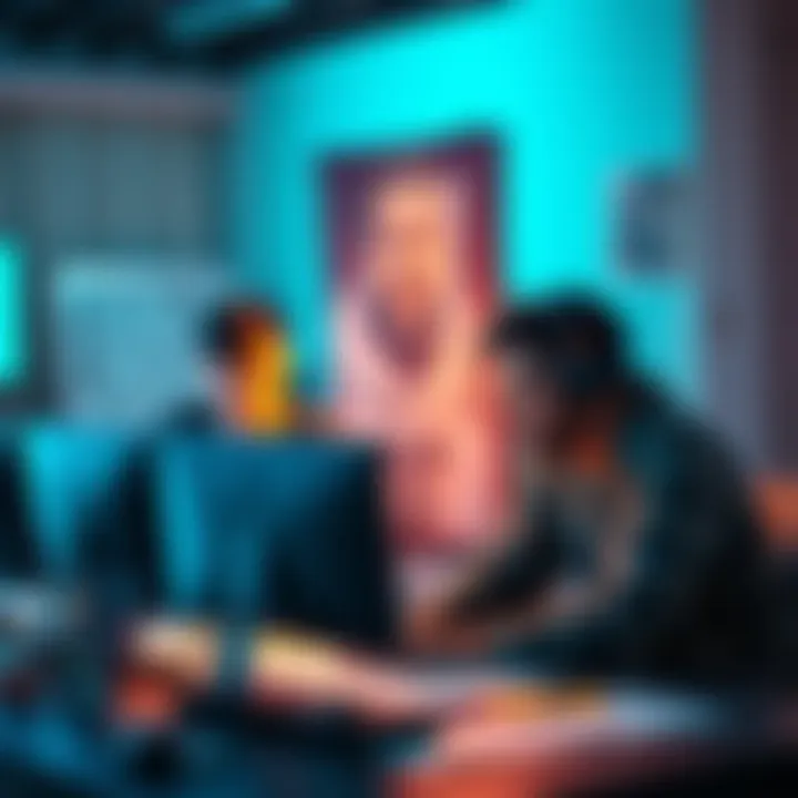 A diverse group of game developers working together on a project, with computers and design sketches around them.