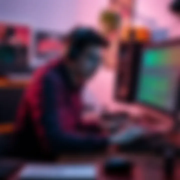An indie developer working on a game, surrounded by sound equipment and texture samples, contemplating copyright issues.