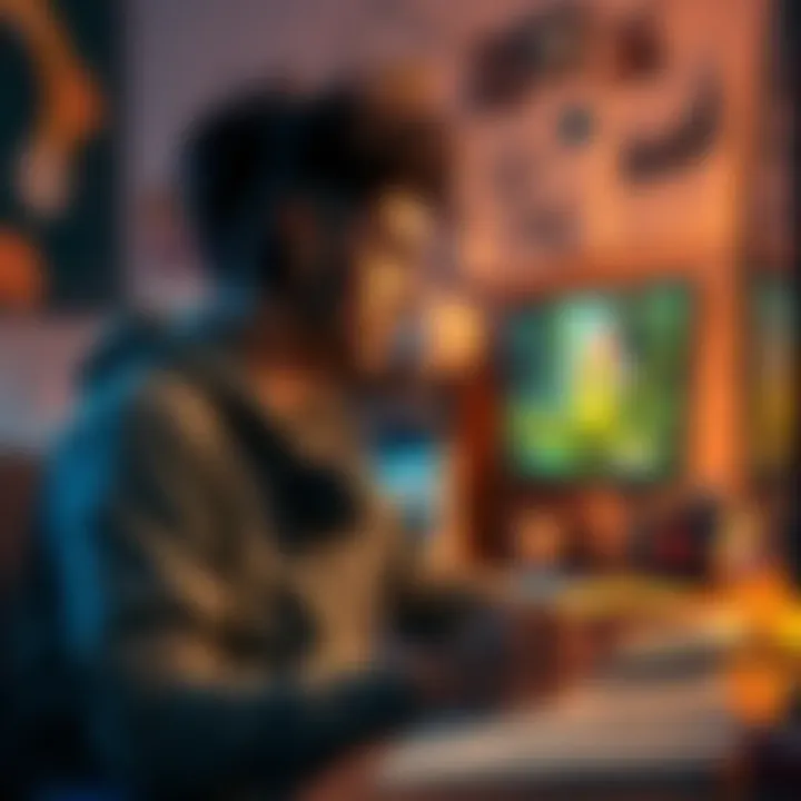 A passionate indie developer focused on building a video game at their cluttered desk, surrounded by sketches and computer screens.