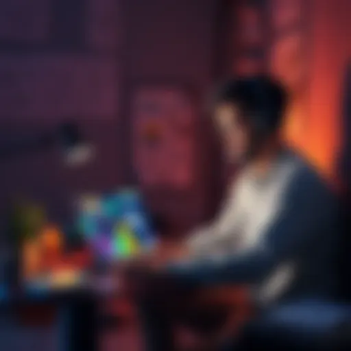 An indie developer creating a game on a laptop in a cozy workspace with sketches on the wall
