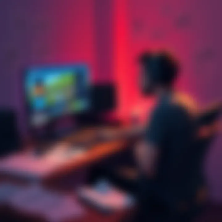 An indie game developer sits at a desk, looking thoughtfully at a computer screen displaying their game project. Papers and sketches scattered around, showing the struggle of decision-making on game d...