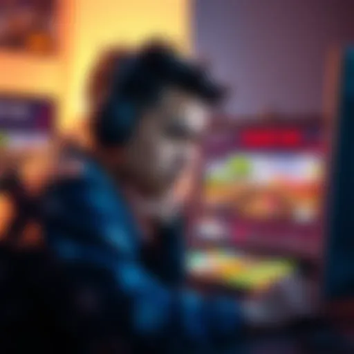 An indie game developer looks upset while analyzing game designs on a computer screen, with images of Leaf Blowing Simulator and a similar Forklift Interactive game visible.