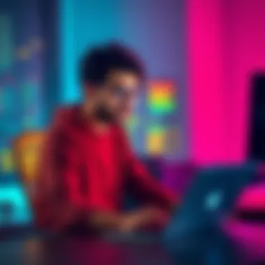 Indie Developer Reflects on Gaming An indie game developer sitting at a desk with a laptop, looking thoughtful while considering mobile and browser gaming strategies.