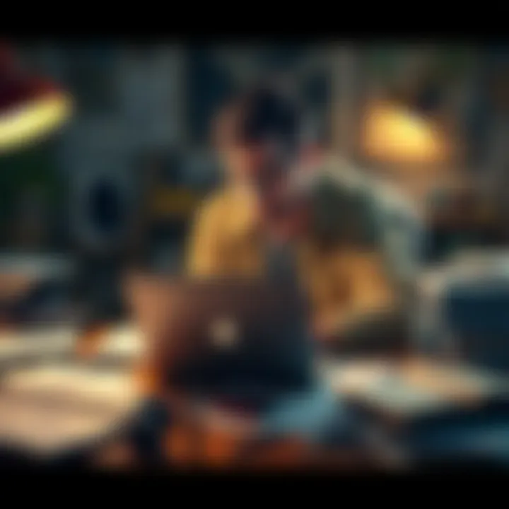 Indie Developer Struggling with Visibility An indie game developer sits at a cluttered desk, looking frustrated while working on a laptop surrounded by sketches and game designs, reflecting the challenges of gaining attention in a competitive ...