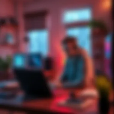 Indie game developer working on a laptop in a home office, balancing work and game creation