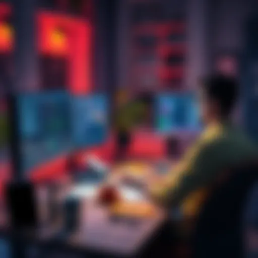 An indie developer sitting at a desk with multiple screens, focused on coding apps and games, surrounded by notes and coffee