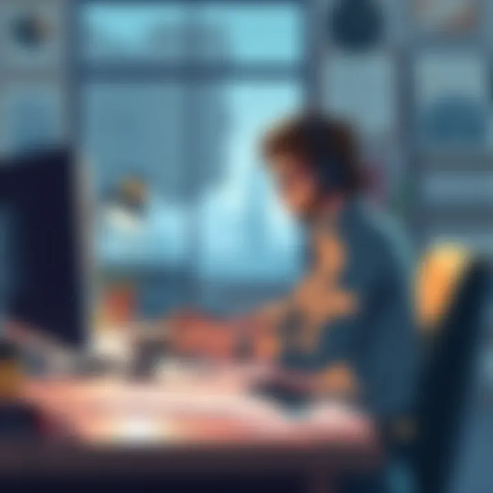 A solo indie developer sits at a desk with a low-end PC, focused on creating a stylized adventure game, surrounded by sketches and notes.