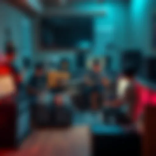 A group of indie game developers collaborating on music for video games in a cozy studio, with instruments and a computer setup visible.