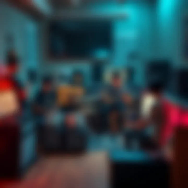 A group of indie game developers collaborating on music for video games in a cozy studio, with instruments and a computer setup visible.