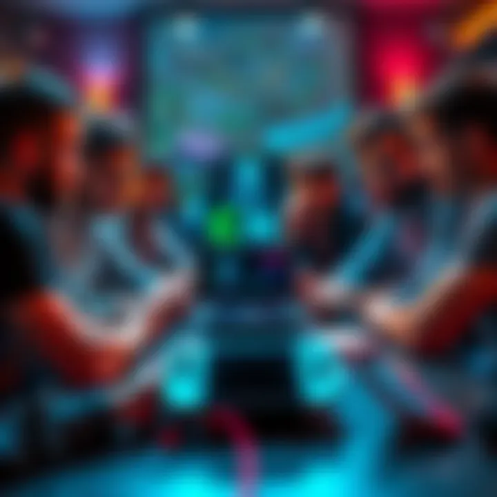 A group of indie game developers discussing strategies for promoting their games on Nintendo Switch, with a Nintendo Switch console on the table