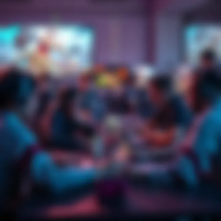 A group of indie developers brainstorming while using Unity software on their laptops, with game art displayed on the screens.