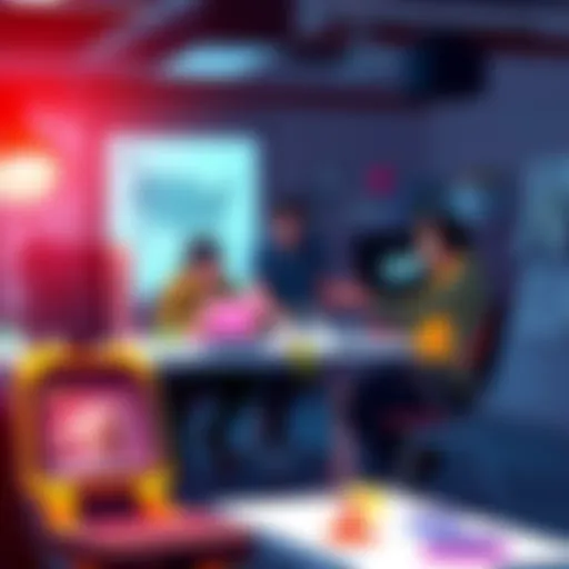 Indie game developers discussing hiring artists in a creative workspace, showcasing sketches and digital art, with a focus on communication and collaboration.