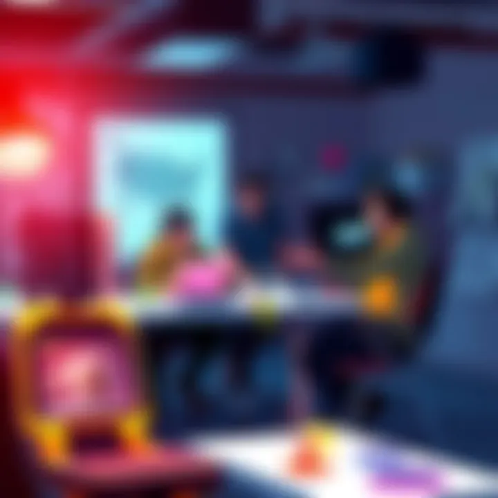 Indie Developers Collaborating with Artists Indie game developers discussing hiring artists in a creative workspace, showcasing sketches and digital art, with a focus on communication and collaboration.