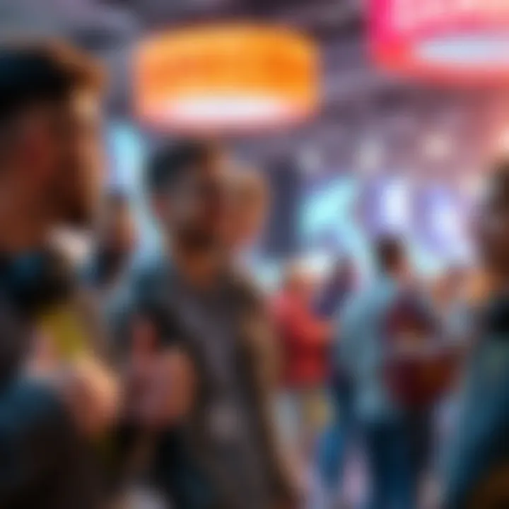 A group of indie game developers in casual attire talking about attending Gamescom, considering their options for connecting with publishers