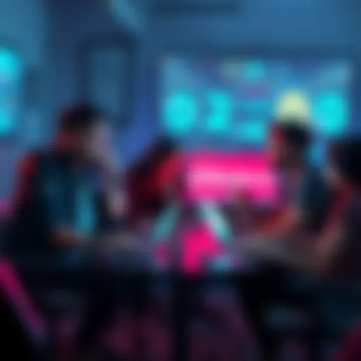 A group of indie game developers discussing music collaboration through messaging apps, with laptops and notepads around them.