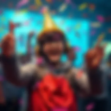 A joyful indie game developer celebrating the sale of 200 game copies with a party hat and confetti
