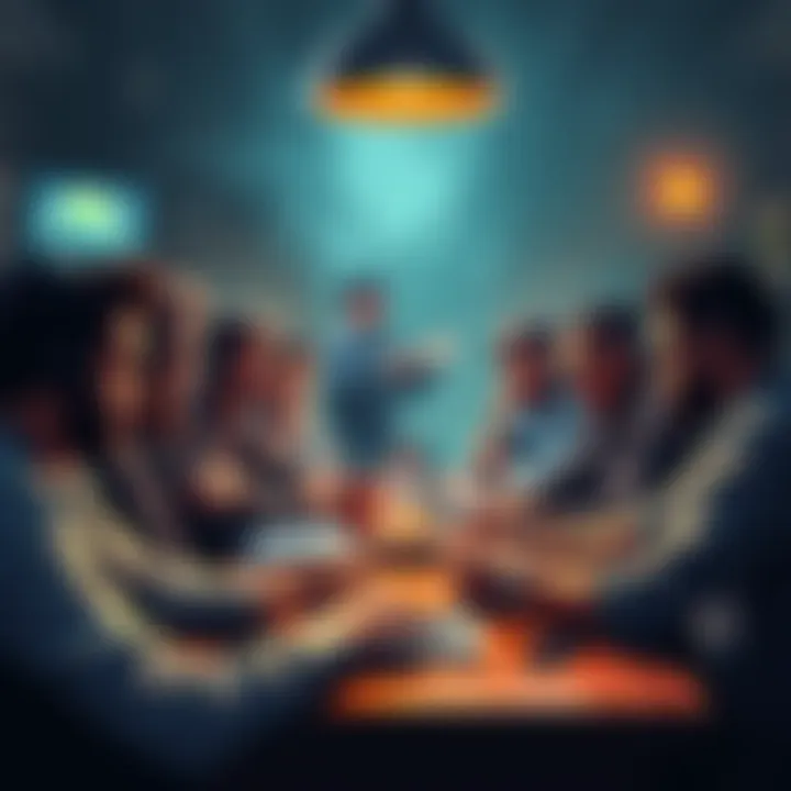 Group of diverse game developers and artists brainstorming together for an indie game project inspired by rogue-style gameplay.