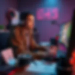 An indie game creator focused on developing a game, surrounded by sketches and a computer, illustrating passion for game development
