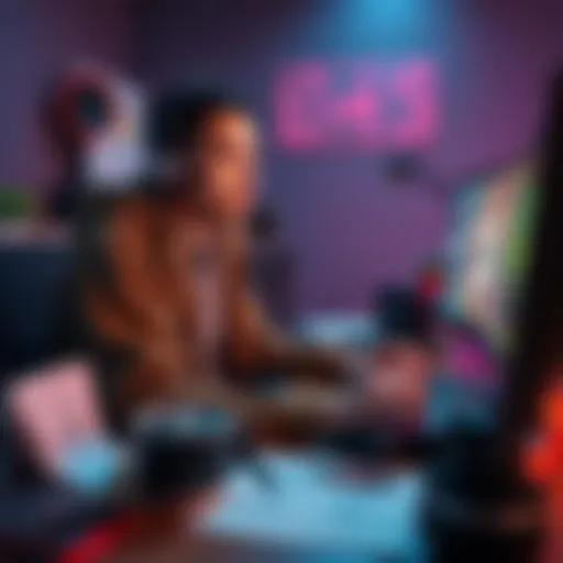 An indie game creator focused on developing a game, surrounded by sketches and a computer, illustrating passion for game development