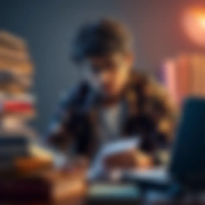 Huzef, a young Indian game developer, surrounded by college books and a laptop, looking stressed while writing notes for time management.