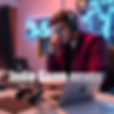 An indie game developer sitting at a desk with a laptop, looking thoughtful while reviewing low revenue figures. The image captures the struggles of releasing games in the competitive market.
