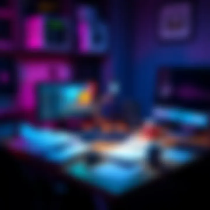 A developer at a desk with a computer, creating a devlog for an indie game. Papers and gaming assets are scattered around.