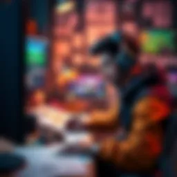 A game developer focused on creating an indie game, surrounded by sketches and computer screens displaying game graphics, showcasing creativity and attention to detail.