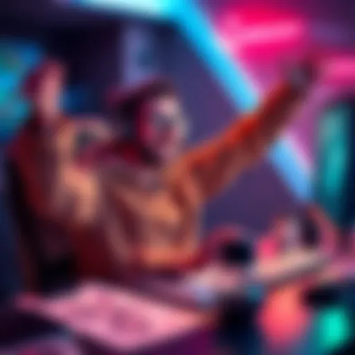 An indie game developer celebrating after earning their first $100 for Steam publishing, sitting at a desk with a computer and game design sketches.