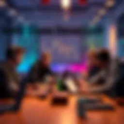 A group of indie game developers collaborating and sharing ideas at a meeting