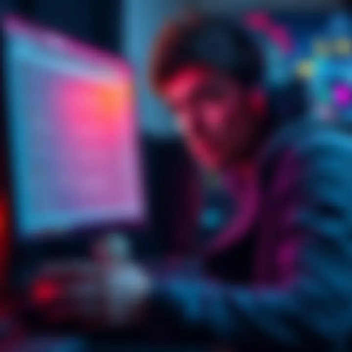 Indie Game Developer Seeking Feedback An indie game developer looking at a computer screen with concerned expression while scrolling through feedback on a forum
