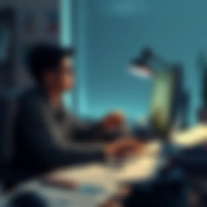 An indie game developer seated at a desk, intensely working on a game design, with sketches and notes scattered around, showing determination and focus.
