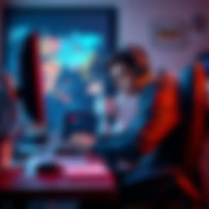 A frustrated indie game developer at a desk with a computer, brainstorming ideas for game launch and monetization strategies