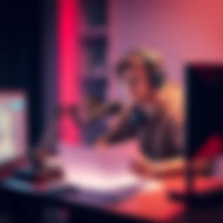 A solo indie game developer sitting at a desk with a microphone, looking thoughtful while examining a script for voice acting.