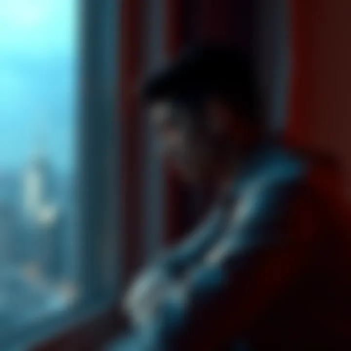 A thoughtful indie game developer looking out a window, contemplating his career change to unemployed.