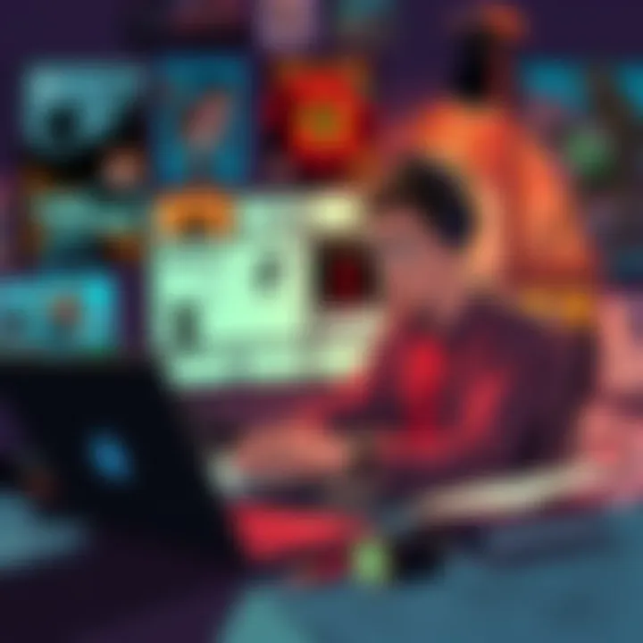 An indie game developer brainstorming promotion ideas on a laptop amidst game posters and sketches