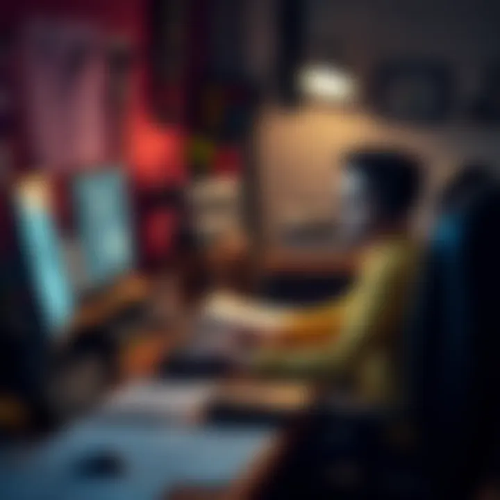 A dedicated indie game developer working on a computer, surrounded by sketches and game design tools, focusing on overcoming industry challenges.