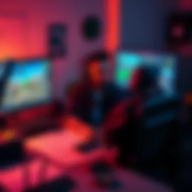 Indie Game Developer at Work A passionate indie game developer sits at a desk, focused on creating a game, with sketches and a computer screen displaying game designs around them.