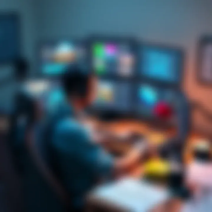 An indie game developer sits at a desk, focused on multiple screens displaying game design and programming tools, surrounded by sketches and concept art.