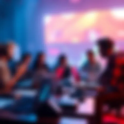 A group of indie game developers brainstorming strategies for TikTok and Instagram Reels, with laptops and game art visible.
