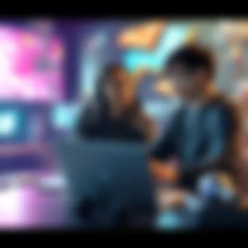 Two indie game developers discuss Unity and Unreal Engine options with a laptop and game art around them.