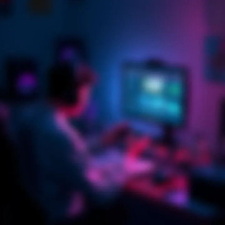 A person sitting at a desk with gaming setup, working on a computer screen showing game design software, sketches of characters and notes around.