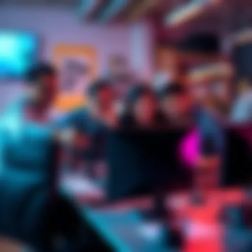 A group of indie game developers collaborating over a computer, brainstorming ideas for their next project in a creative workspace.