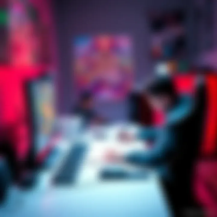 A graphic designer sits at a desk with a computer, sketching game concepts and looking at early game designs, inspired by independent game developers.