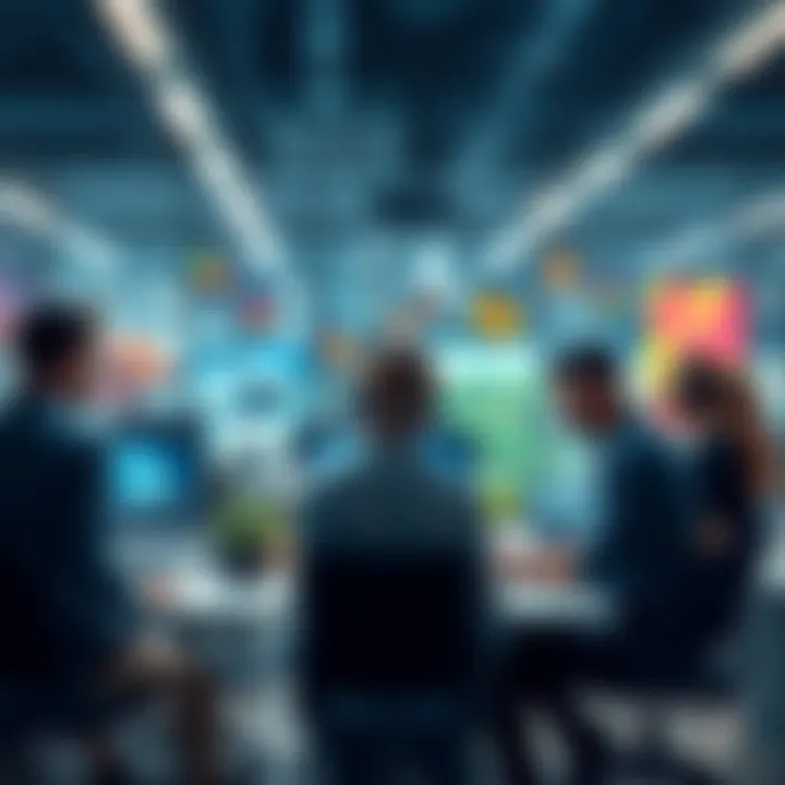 A group of indie game developers discussing marketing strategies in a bright office space filled with monitors and game art.