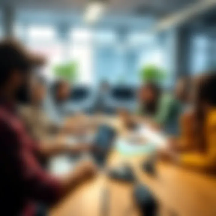 A group of diverse game developers discussing a project with laptops and notes in a bright office space