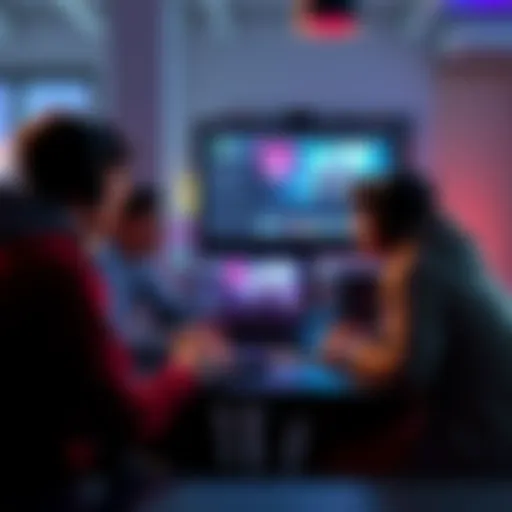 A group of indie developers engaged in an online webinar, discussing game development and studio transition, with a laptop showing a presentation on screen.