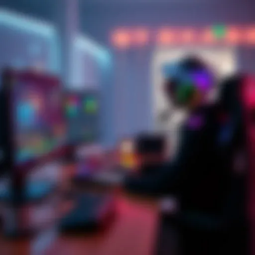 A game developer working on a computer with AI tools, brainstorming ideas and organizing content.