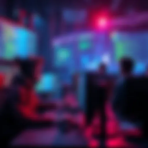 A group of indie game developers collaborating on performance optimization strategies at their computers, showcasing code and game design elements on screens.