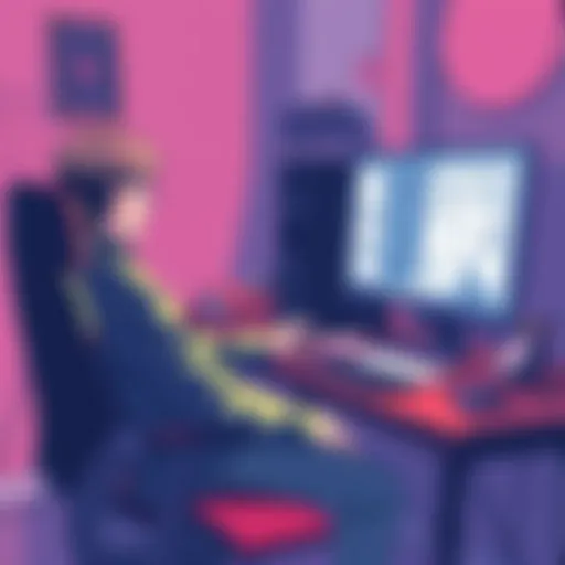 A person sitting at a desk playing a video game on a computer, surrounded by game design notes and sketches, ready to give feedback to indie game creators.