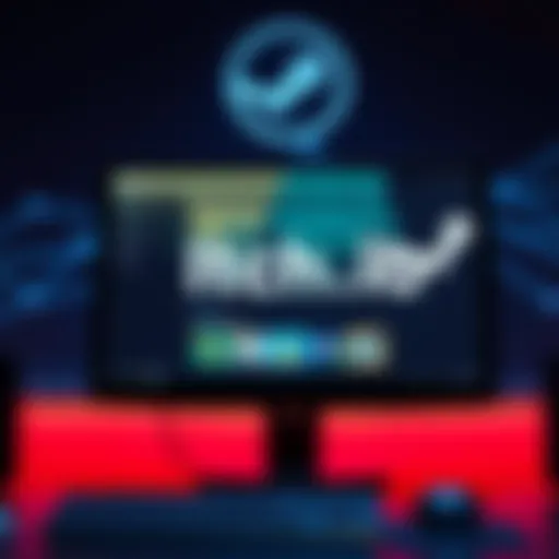 A computer screen displaying an indie game being offered for free on Itch.io, with a Steam logo in the background suggesting a future sale.